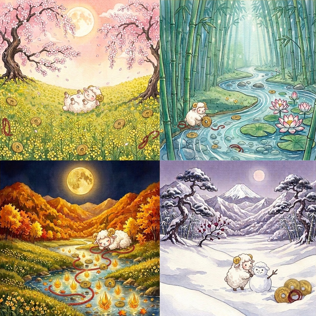 四季を巡る開運ひつじイラスト5枚セット