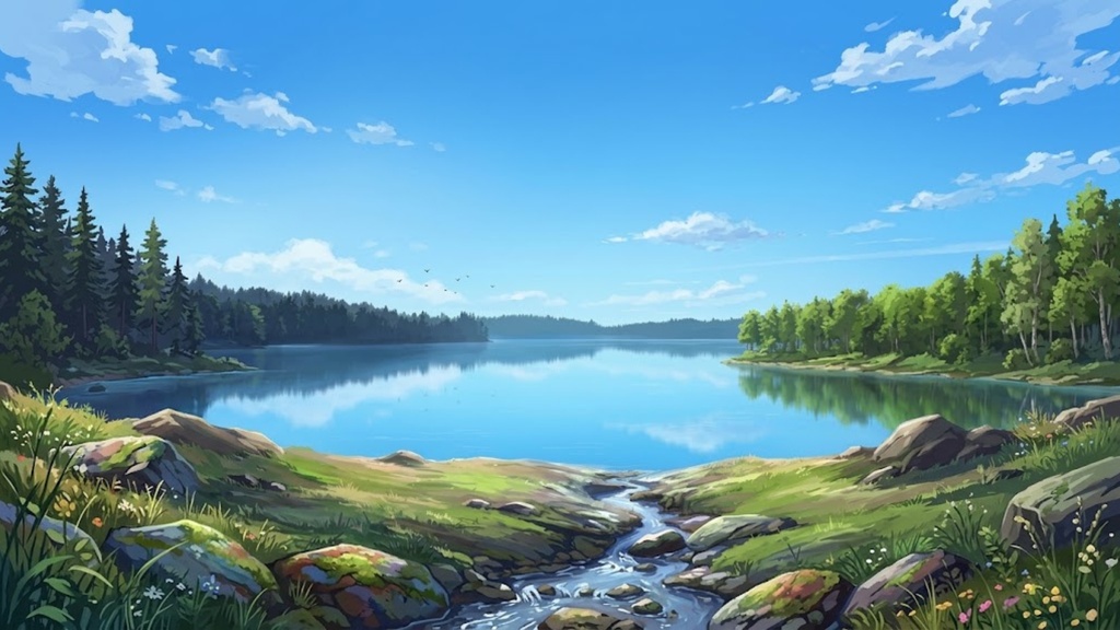 【背景素材】湖と森の風景 時間差分 4枚セット(1920×1080)