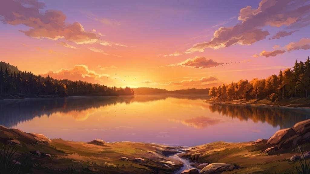 【背景素材】湖と森の風景 時間差分 4枚セット(1920×1080)