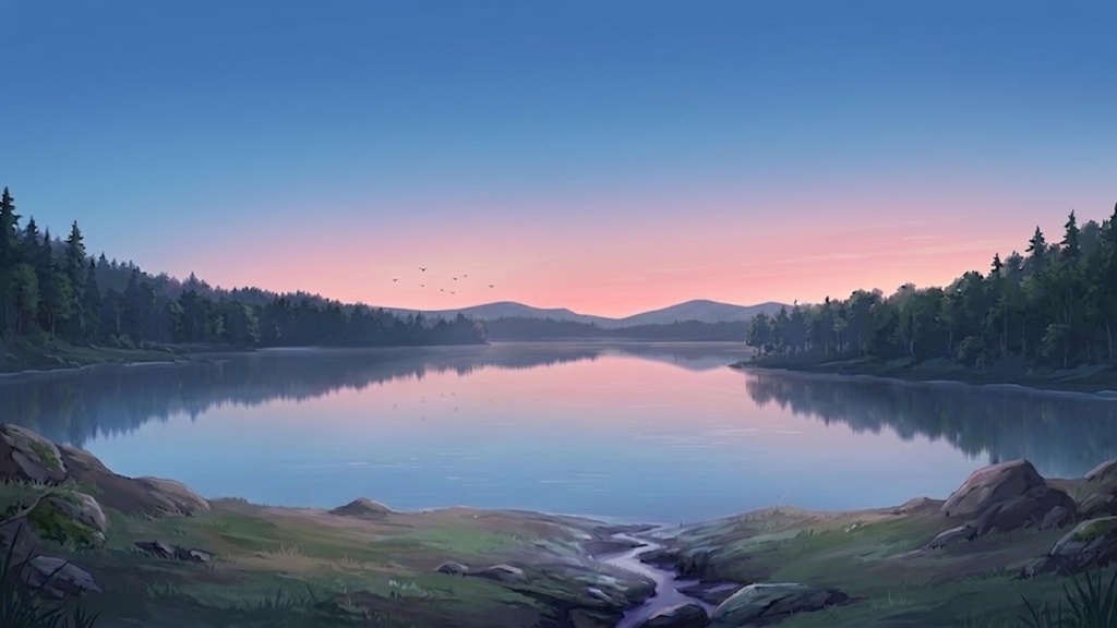【背景素材】湖と森の風景 時間差分 4枚セット(1920×1080)