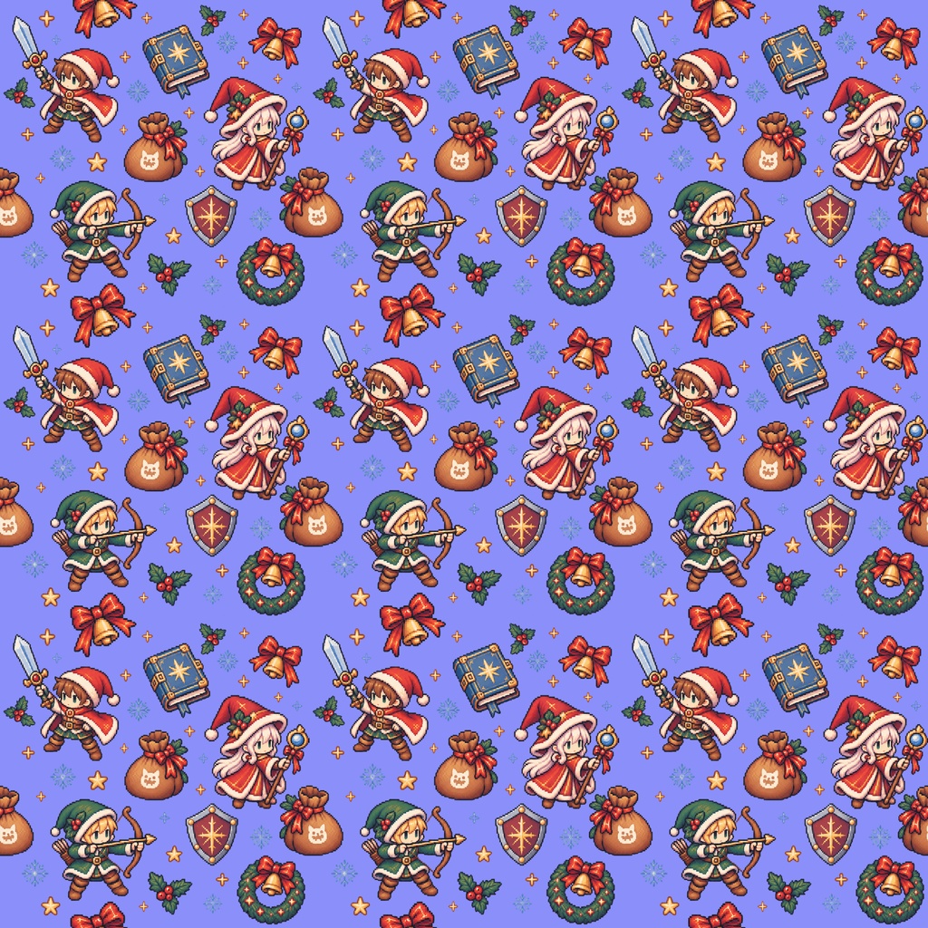 【3種セット】RPGクリスマス🎄ドット絵デジタルペーパー|勇者・ミミック・ドラゴン|レトロゲーム柄