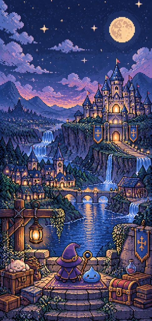【スマホ壁紙】レトロRPG風ドット絵壁紙|冒険者のメニュー画面・アイテムBOX・ファンタジーの世界