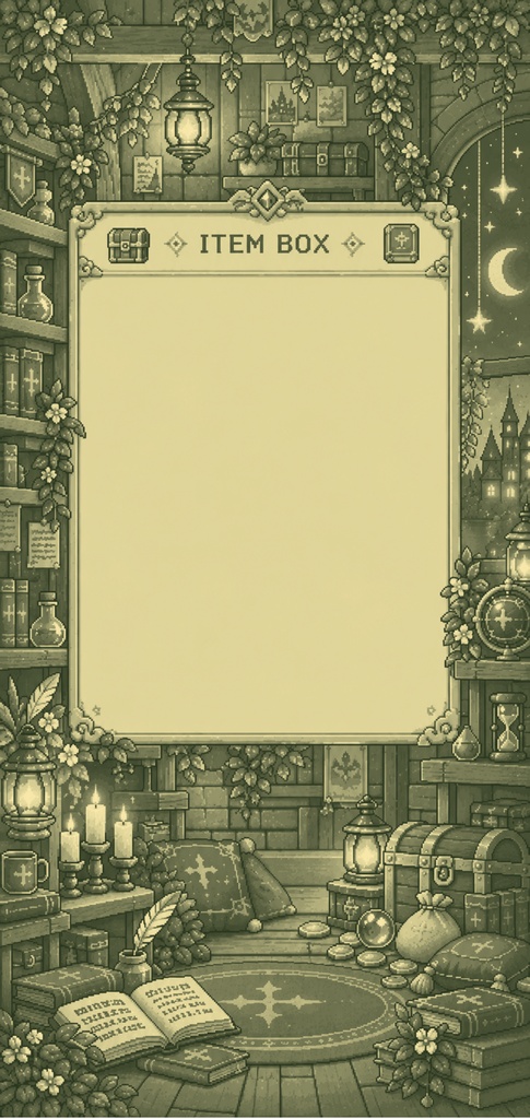 【スマホ壁紙】レトロRPG風ドット絵壁紙レトロカラー|冒険者のメニュー画面・アイテムBOX・ファンタジーの世界