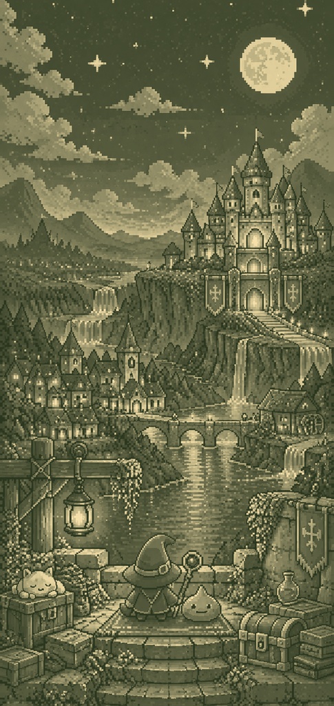 【スマホ壁紙】レトロRPG風ドット絵壁紙レトロカラー|冒険者のメニュー画面・アイテムBOX・ファンタジーの世界
