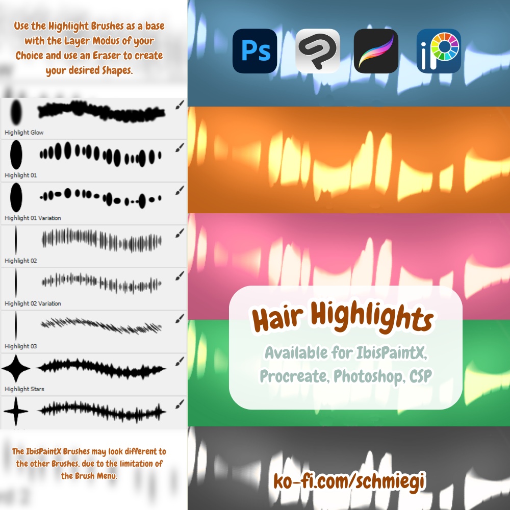 Anime Hair Highlight Brush Bundle (Photoshop, Procreate, CSP, IbisPaintX)