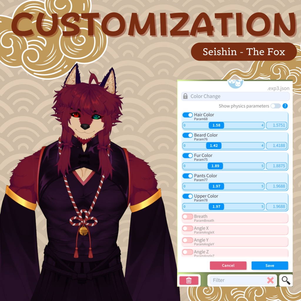 VTuber | Seishin, the fox | Customizable Live2d premade model for Vtube Studio, streaming on twitch, kick, youtube | >15 emotions / toggles