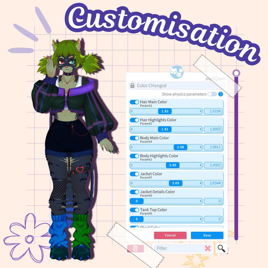 VTuber | Jasmine, the cat | Customizable Live2d premade model for Vtube Studio, streaming on twitch, kick, youtube | >15 emotions / toggles