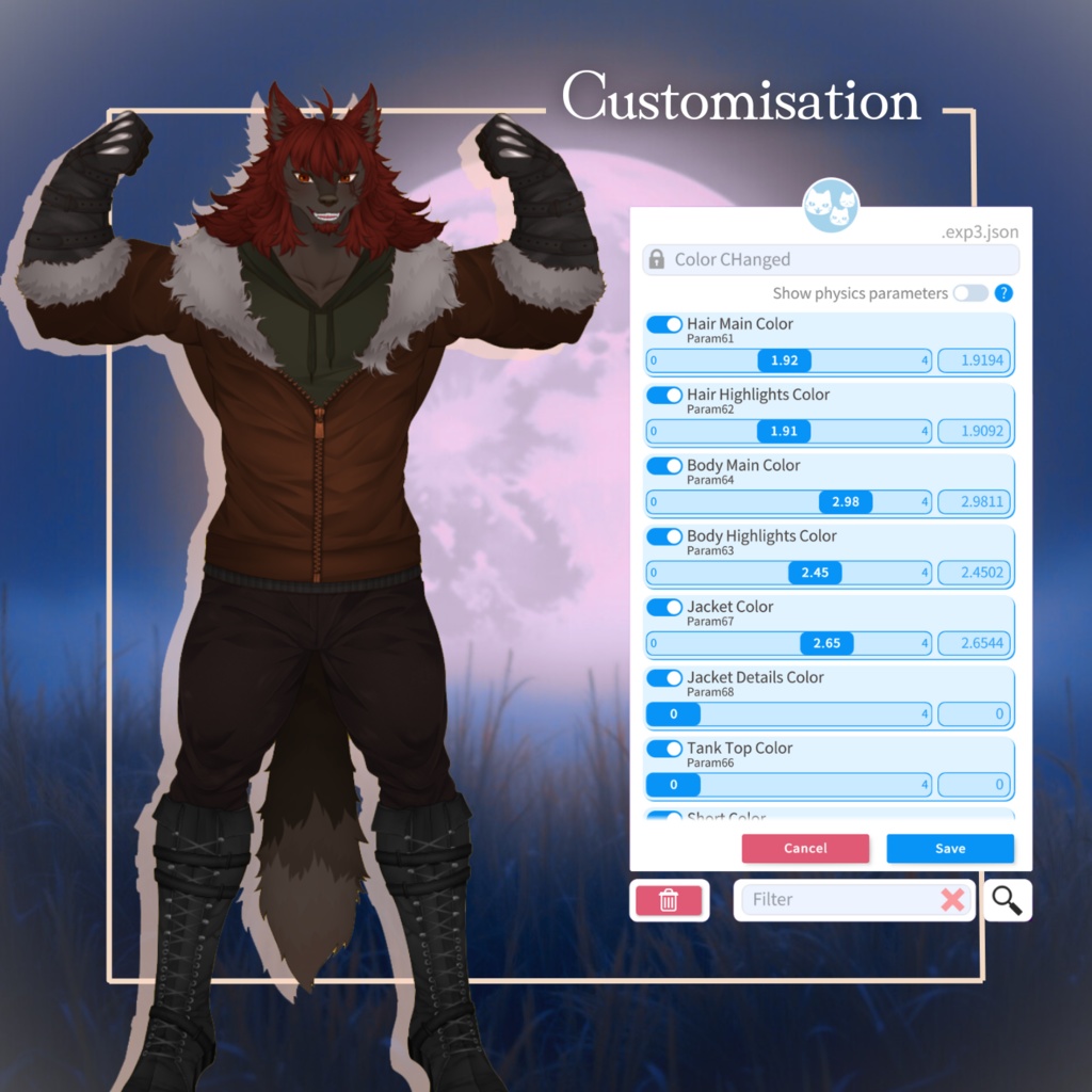 VTuber | Ferox v2, the furry wolf | Customizable Live2d premade model for Vtube Studio, for twitch, kick, youtube | > 20 emotions/toggles