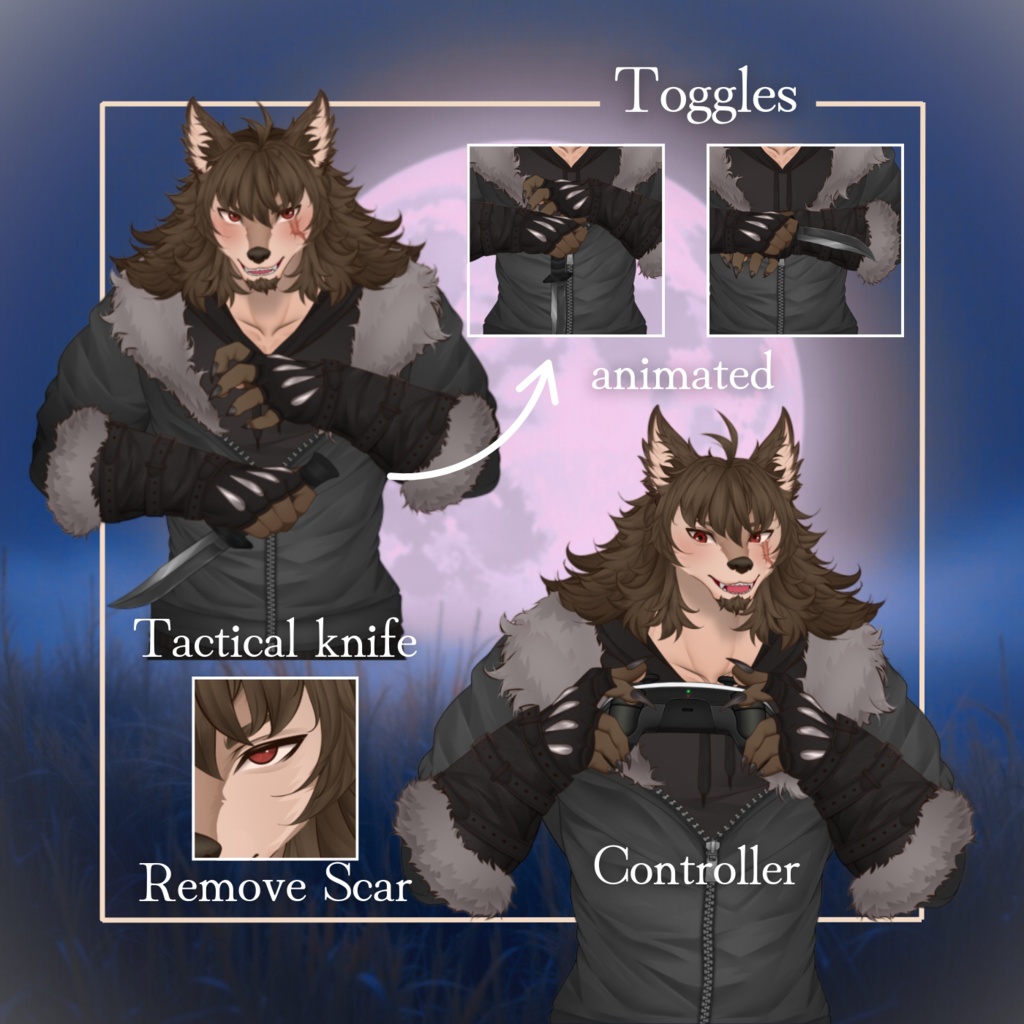 VTuber | Ferox v2, the furry wolf | Customizable Live2d premade model for Vtube Studio, for twitch, kick, youtube | > 20 emotions/toggles