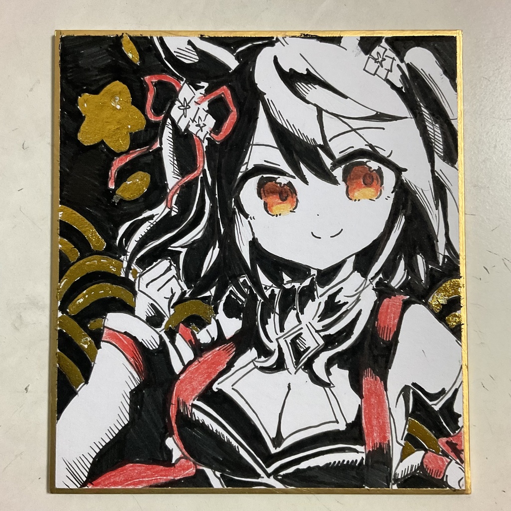 ウマ娘　キタサンブラック　金箔押し手描きイラスト色紙　