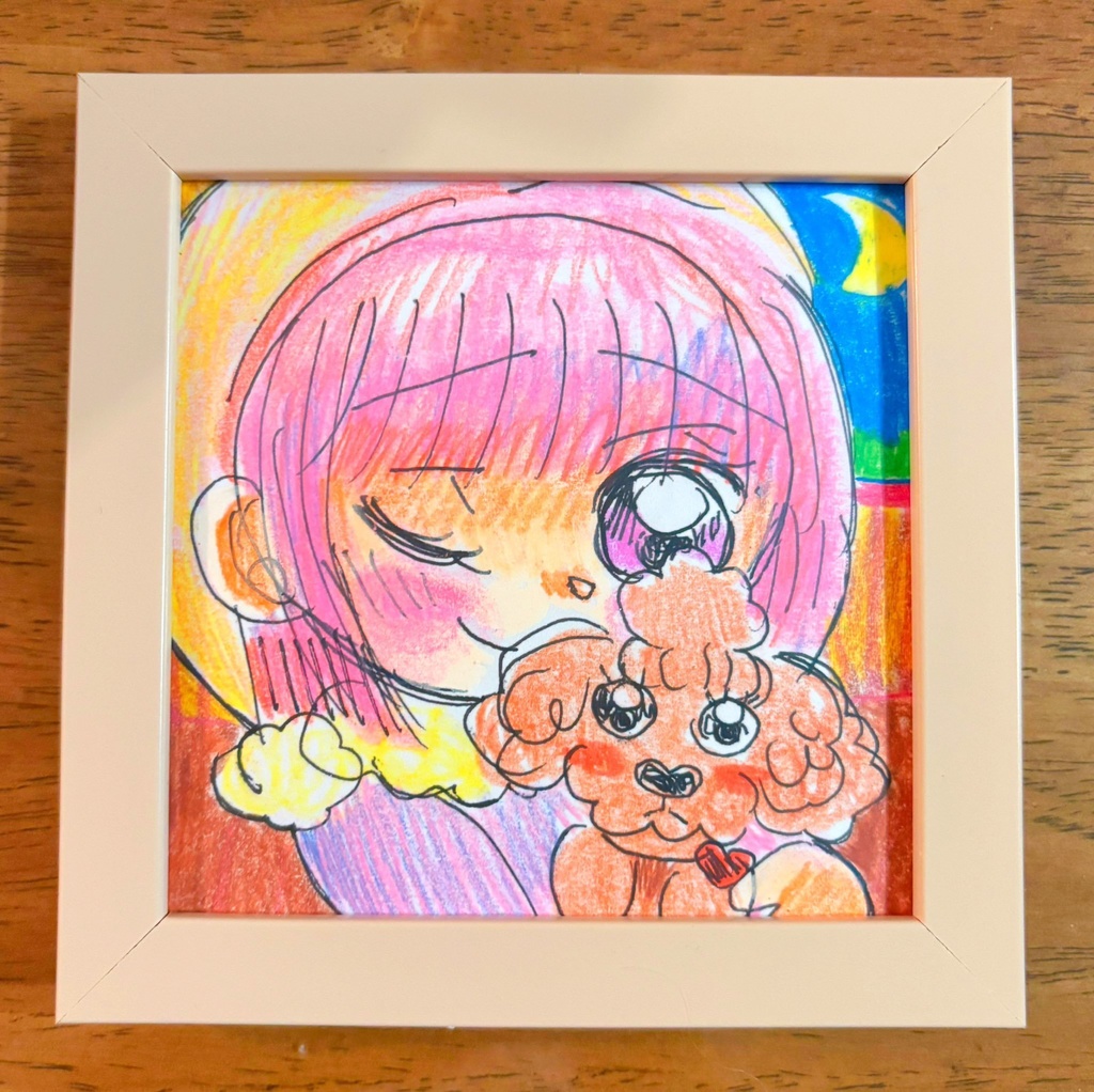 鉛筆イラスト 女の子と犬 フレーム付き