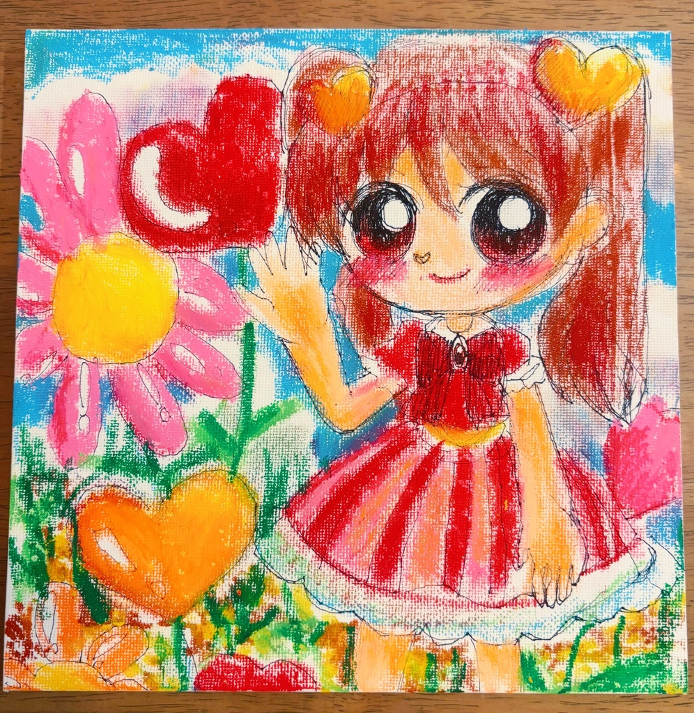 イラスト原画　お花畑と少女