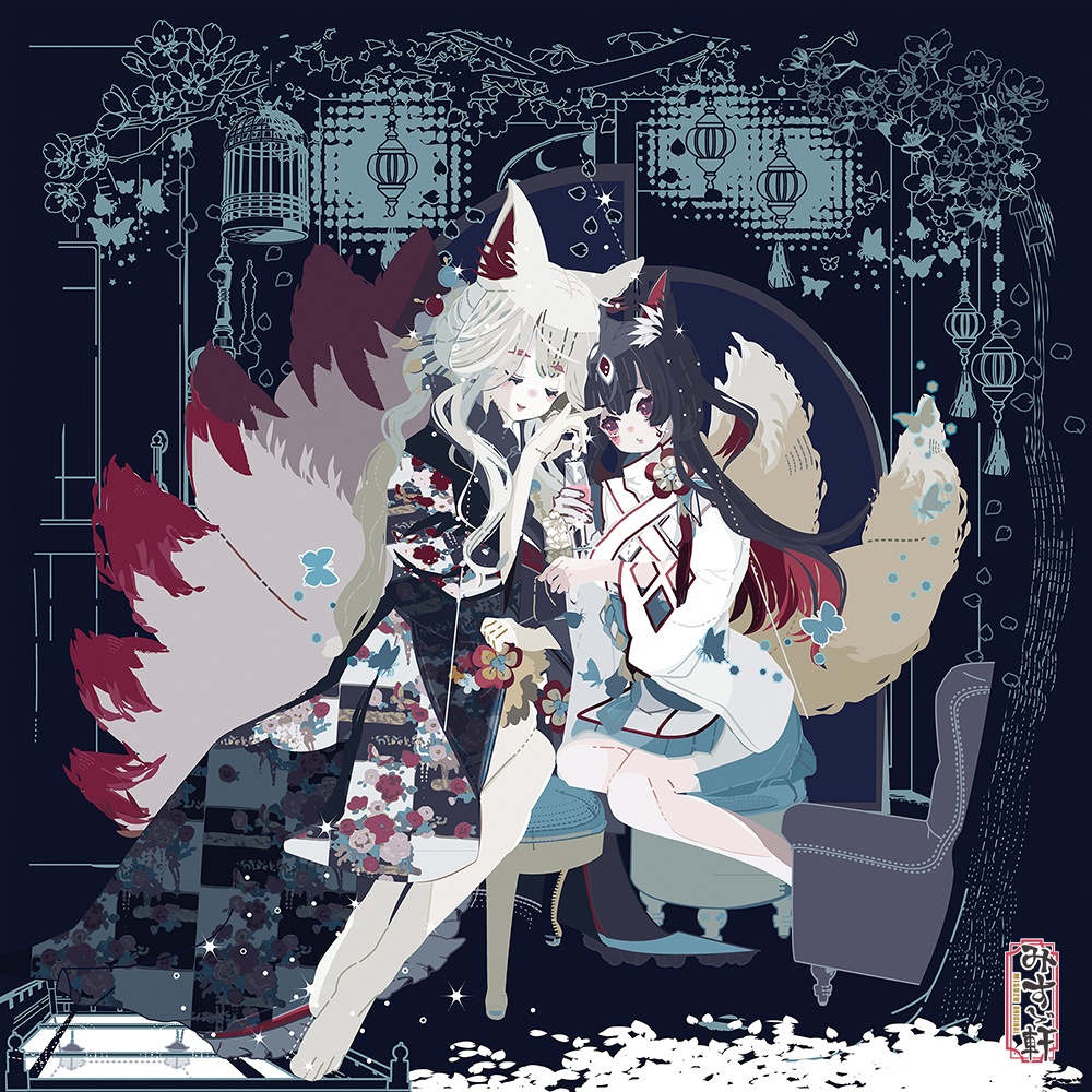 【SALE】籠目と狐黒の秘密の特訓✨さらさら純綿ハンカチ🌸花街しっぽ🌸