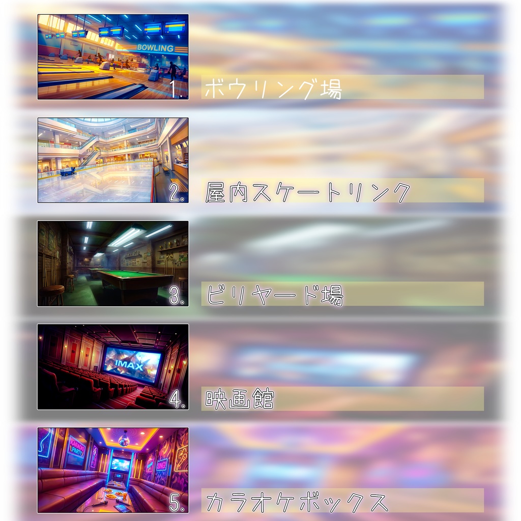 【無料】 娯楽施設 01 背景素材 5種セット 【現代編】【商用可✓】