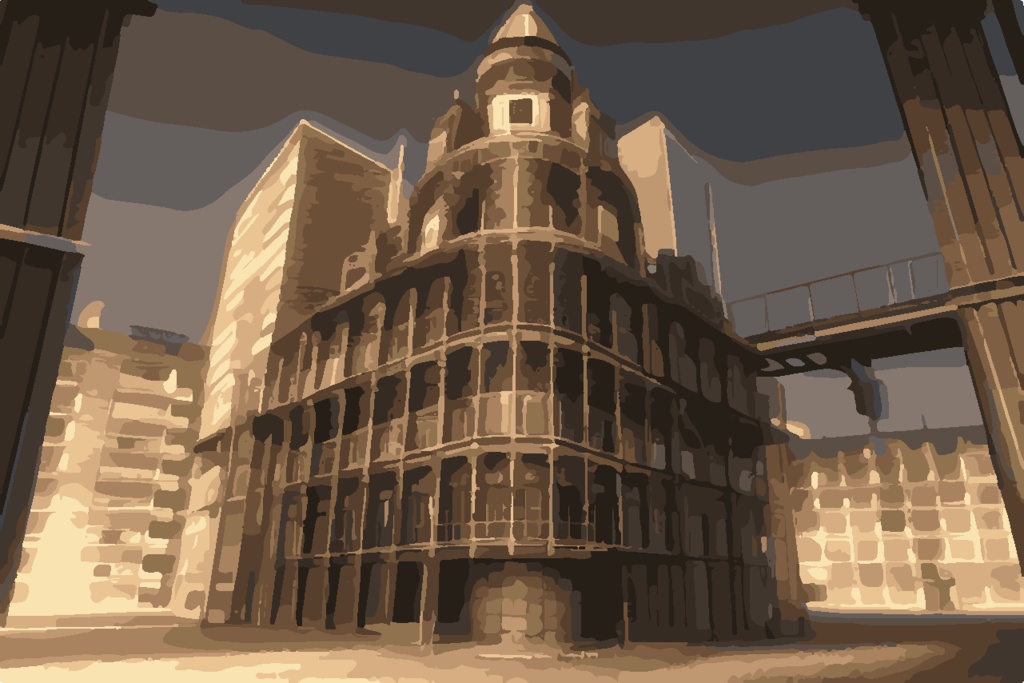 荒廃的スチームパンク街素材