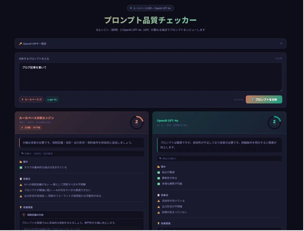 【即DL】プロンプト品質チェッカー｜AIへの指示文をスコアリング＆自動改善｜HTMLファイル1枚・インストール不要