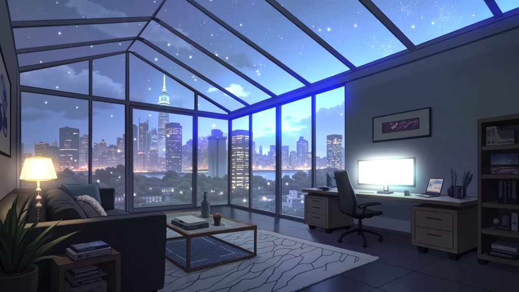 【フリー/動く配信背景】夜景と雪と流れ星の見えるお部屋