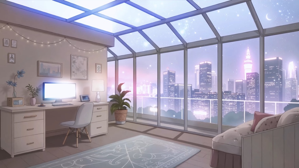 【フリー/動く配信背景】夜景と雪と流れ星の見えるお部屋