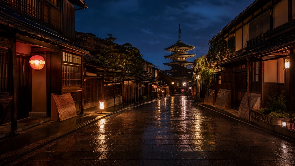 Night Kyoto Wallpaper|夜の京都・雨上がりの石畳|1920×1080