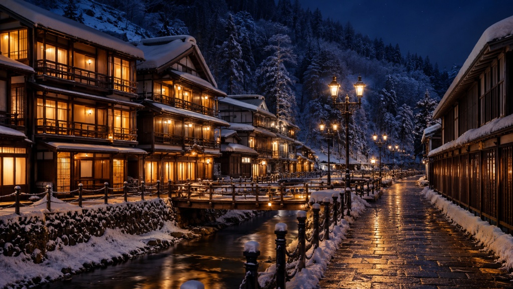 Snowy Ginzan Onsen|雪の銀山温泉風・ガス灯の夜景|1920×1080