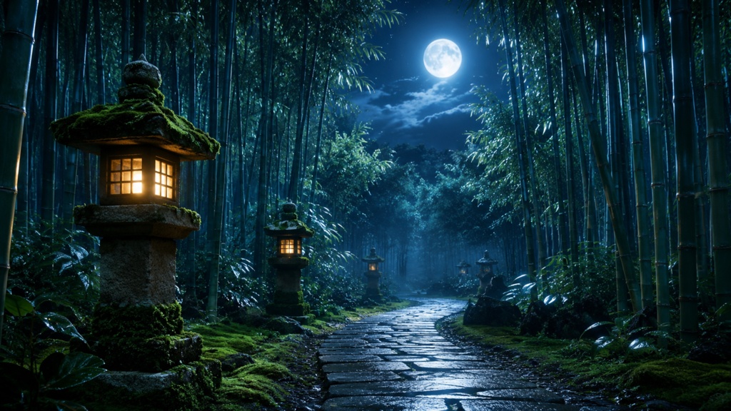Moonlit Bamboo Path | 月明かりの竹林と石灯籠 | 1920×1080