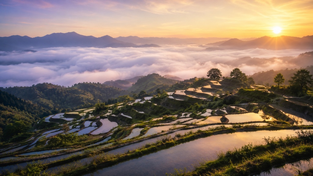 Sunrise Terraced Rice Fields｜夜明けの棚田と雲海｜1920×1080