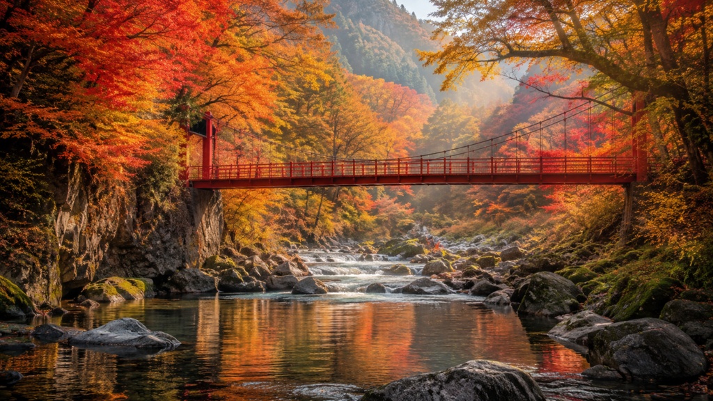 Autumn Valley & Red Suspension Bridge Wallpaper|秋の渓谷と朱色の吊り橋|1920×1080