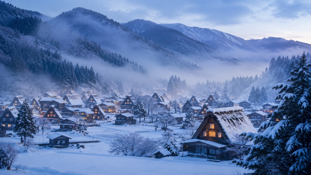 Snow-Covered Gassho Village and Morning Mist | Japanese Winter PC Wallpaper 1920×1080 雪化粧の合掌造り集落と朝霧|日本の冬景色 PC壁紙 1920×1080