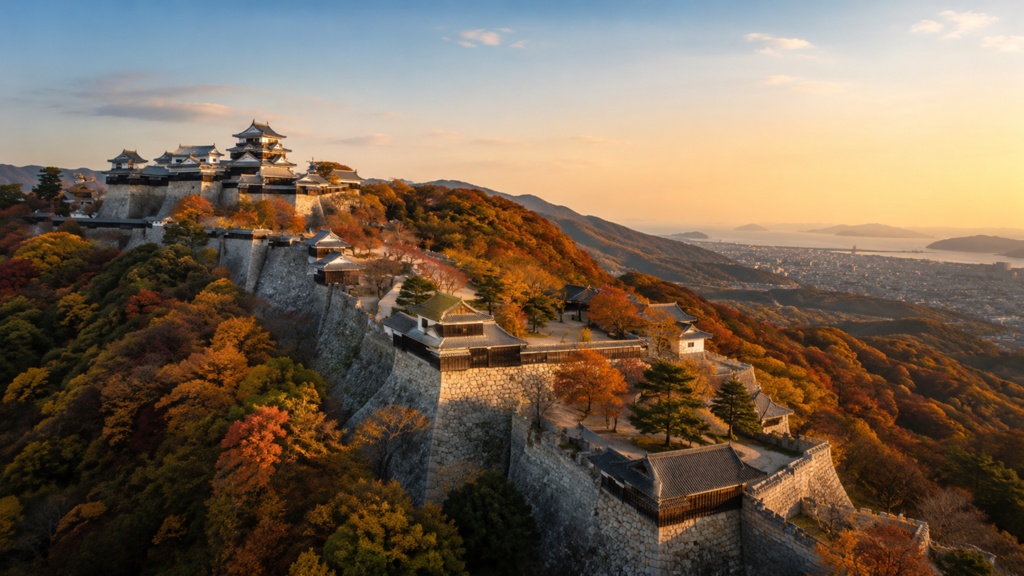 Matsuyama Castle from Above|秋空と松山城の空撮風景|Japanese Castle PC Wallpaper 1920×1080