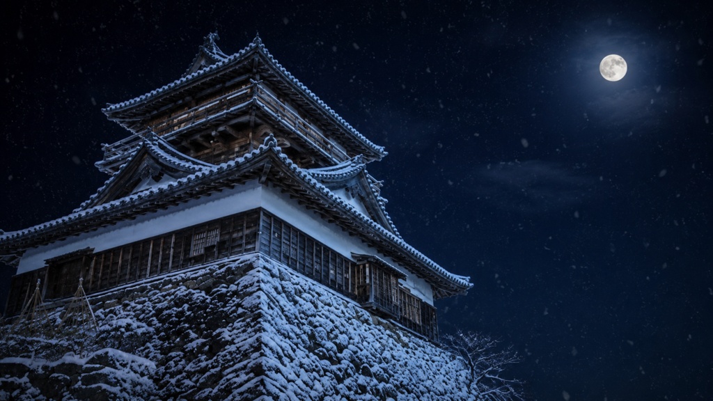 Maruoka Castle in Snowy Moonlight｜雪夜の丸岡城と満月｜Japanese Castle PC Wallpaper 1920×1080
