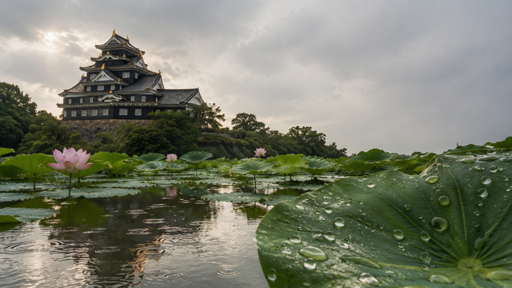 Okayama Castle Beyond the Lotus Pond|夏雨の蓮池と岡山城|Japanese Castle PC Wallpaper 1920×1080