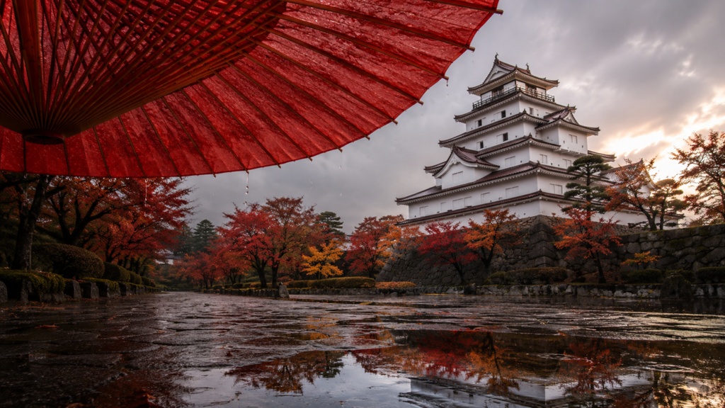 Tsuruga Castle in Autumn Rain|秋雨の赤い和傘と鶴ヶ城|Japanese Castle PC Wallpaper 1920×1080