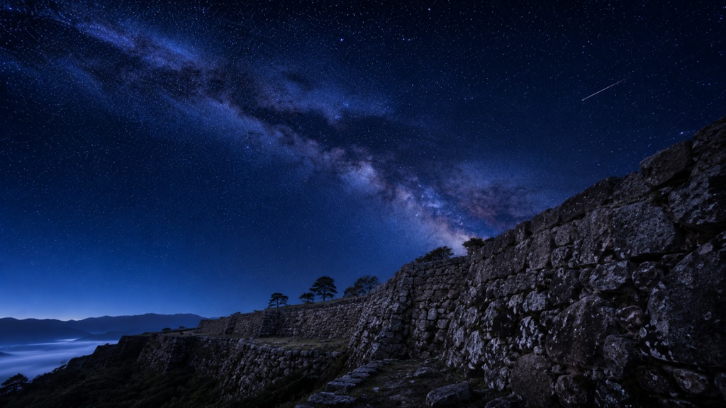 Takeda Castle Ruins under the Stars|星空に浮かぶ竹田城跡|Japanese Castle PC Wallpaper 1920×1080