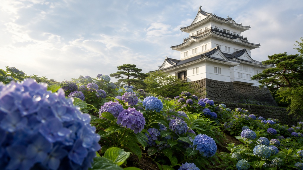 Odawara Castle with Hydrangeas｜雨上がりの紫陽花と小田原城｜Japanese Castle PC Wallpaper 1920×1080
