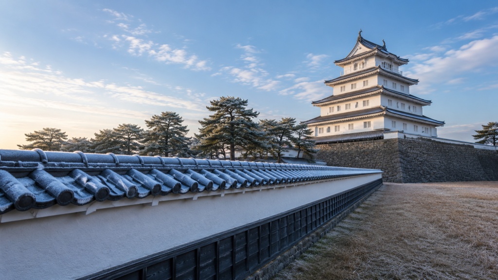 Shimabara Castle beyond the White Walls｜冬の朝日と島原城の白い城壁｜Japanese Castle PC Wallpaper 1920×1080
