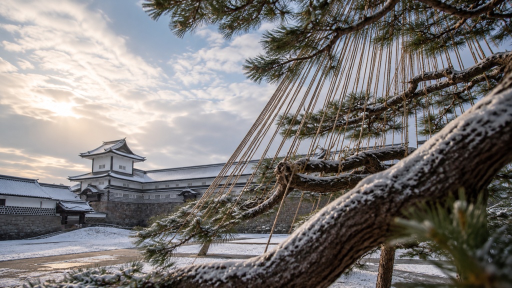 Kanazawa Castle and Snow Ropes|雪吊りの松と冬の金沢城|Japanese Castle PC Wallpaper 1920×1080