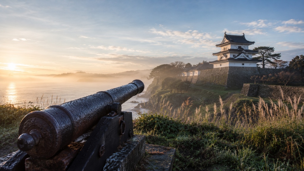 Matsumae Castle in Sea Fog｜海霧の松前城と古い海防砲｜Japanese Castle PC Wallpaper 1920×1080
