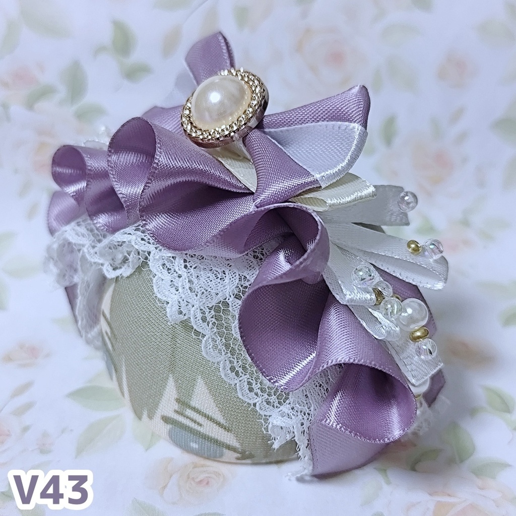 [V43]リボンたっぷりおまんじゅう用ヘッドドレス[くすみパープル]