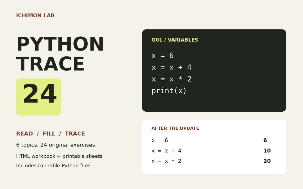 Pythonを追う24問｜変数・分岐・ループのトレース練習