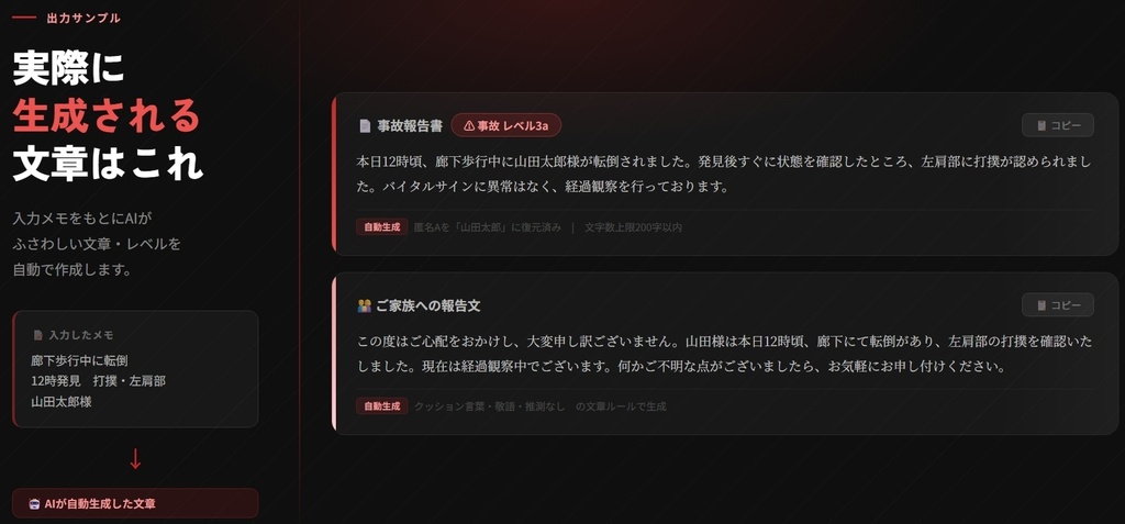 匿名AIヒヤリハット・事故報告書|介護・医療スタッフ向け AI報告書自動作成ツール(PC用・ブラウザで即起動)