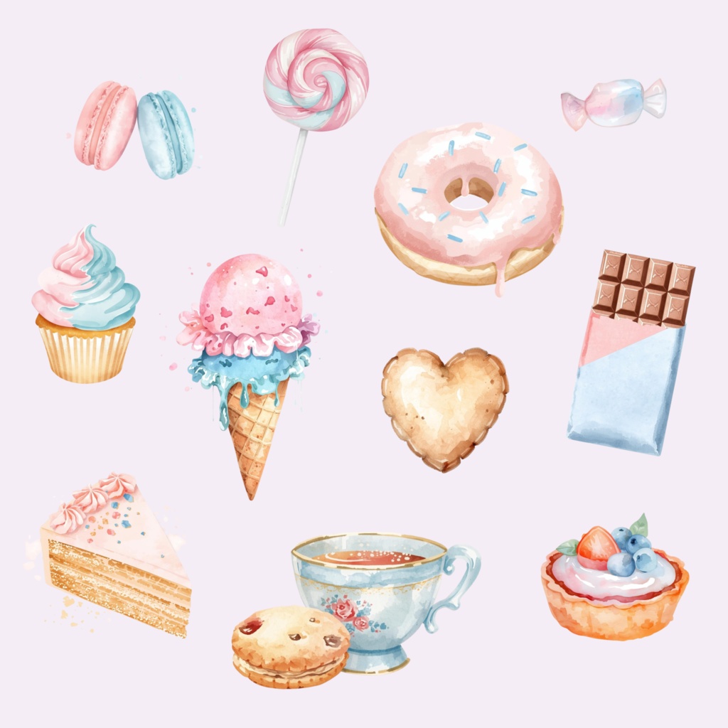 淡色お菓子モチーフ PNG素材セット(11点)