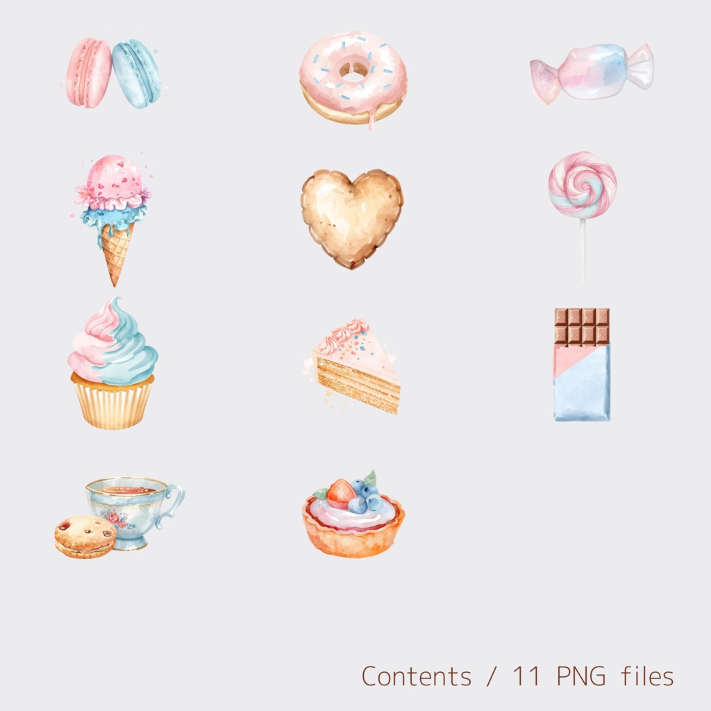 淡色お菓子モチーフ PNG素材セット(11点)