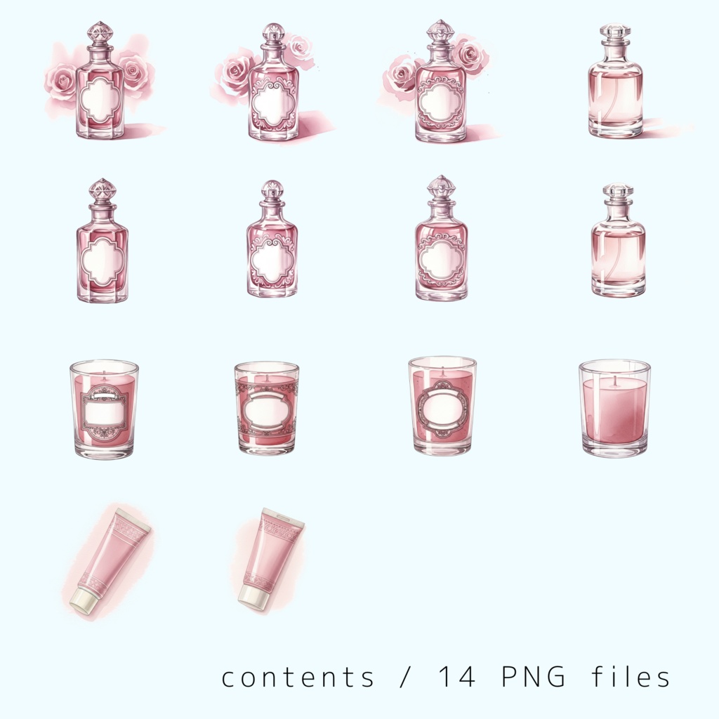 ピンクの香り|高級薬局風 香水・キャンドル・ハンドクリーム クリップアートセット