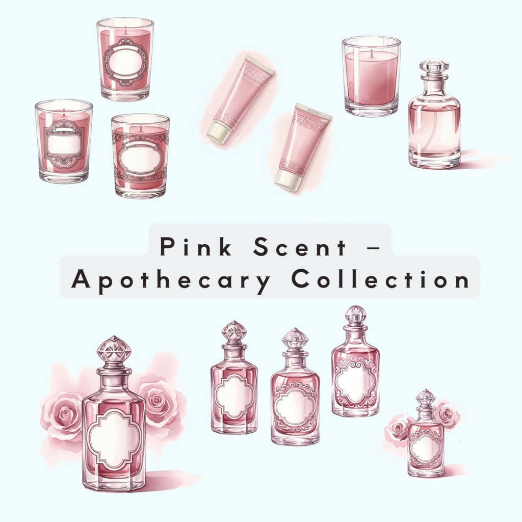 ピンクの香り｜高級薬局風 香水・キャンドル・ハンドクリーム クリップアートセット
