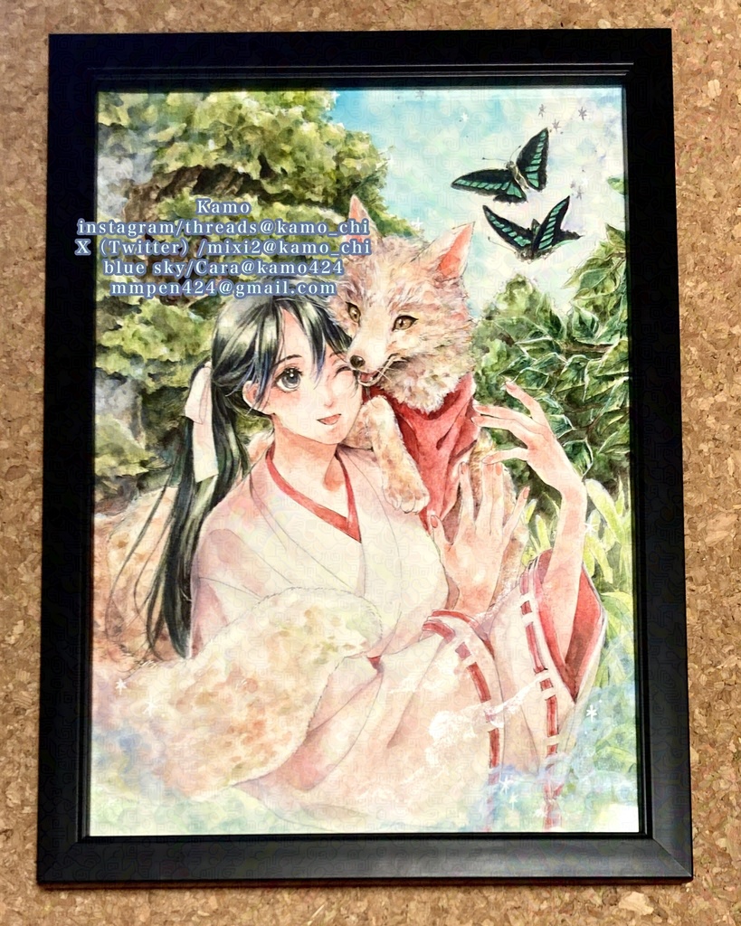 ［A4原画］御狐様と巫女さん「避暑」［簡易フレーム有り］