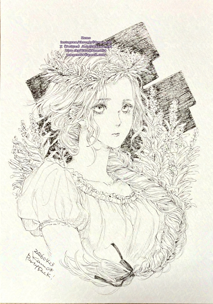 ［A5原画］セージの花冠［ペン画フレーム無］