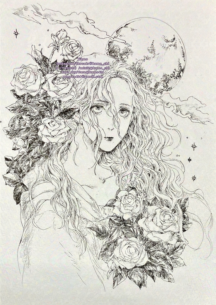 ［A5原画］薔薇色のくちびる［ペン画フレーム無］