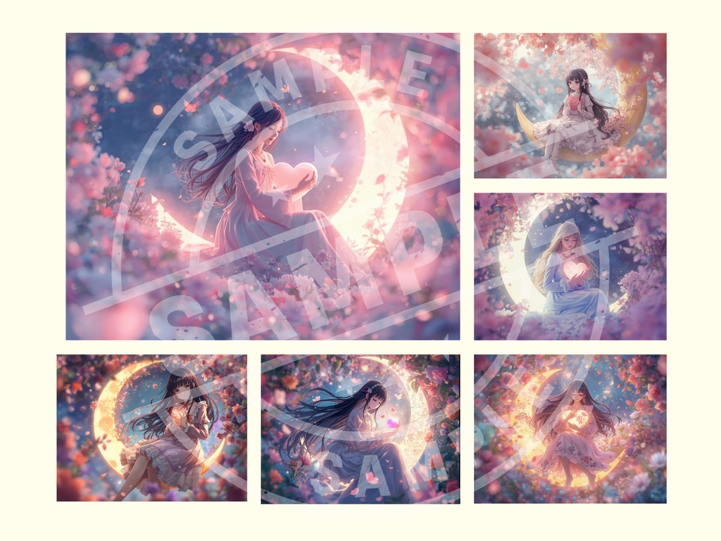 三日月に座るハートを持つ美少女 24種類イラスト ー商用利用OKー