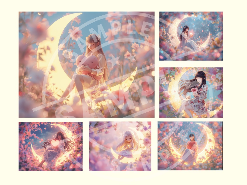 三日月に座るハートを持つ美少女 24種類イラスト ー商用利用OKー