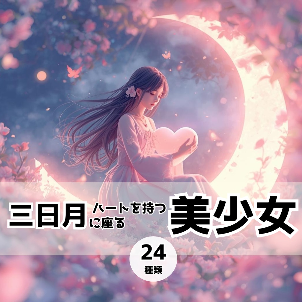 三日月に座るハートを持つ美少女 24種類イラスト ー商用利用OKー